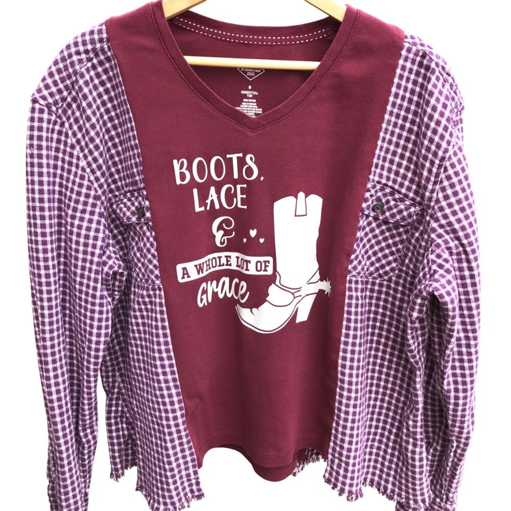 Upcycled Flannel Shirt, Reworked Cowgirl Boot Graphic Magenta Tee Size M - L